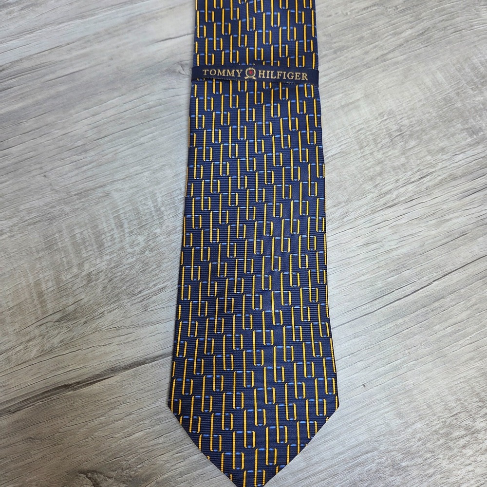 NWT Tommy Hilfiger 100% Silk Necktie Blue Gold 57-inch Geometric Made in Italy